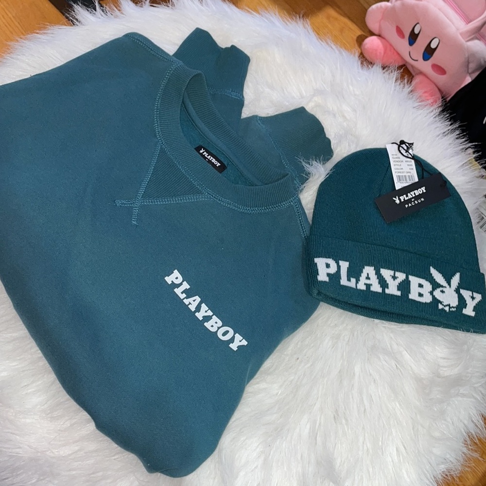 Playboy Pacsun Blue Green Crop Sweatshirt XS with hat NWT